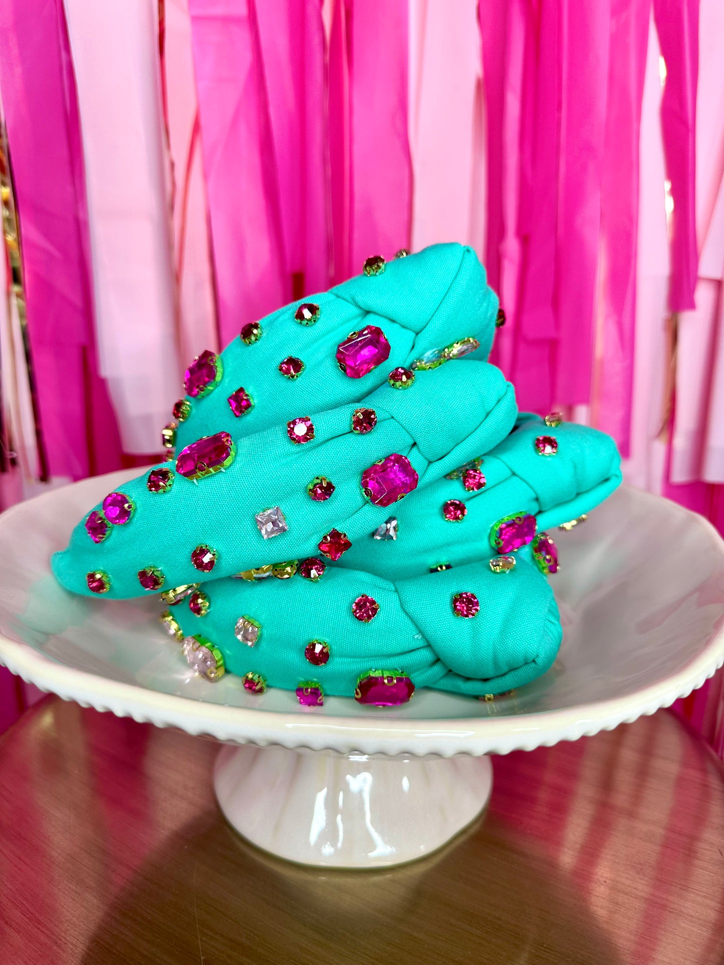 Pink Rhinestone Headband in Sea foam Green