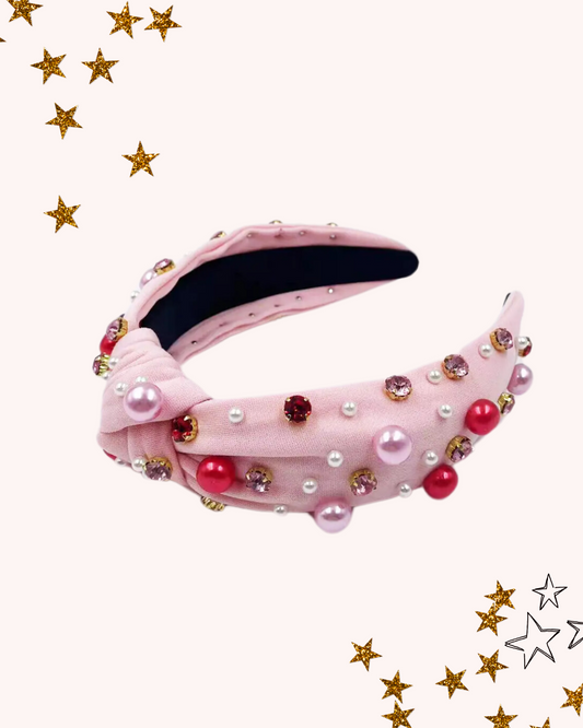 Pink Top Knot Headband with Rhinestones and Pearls