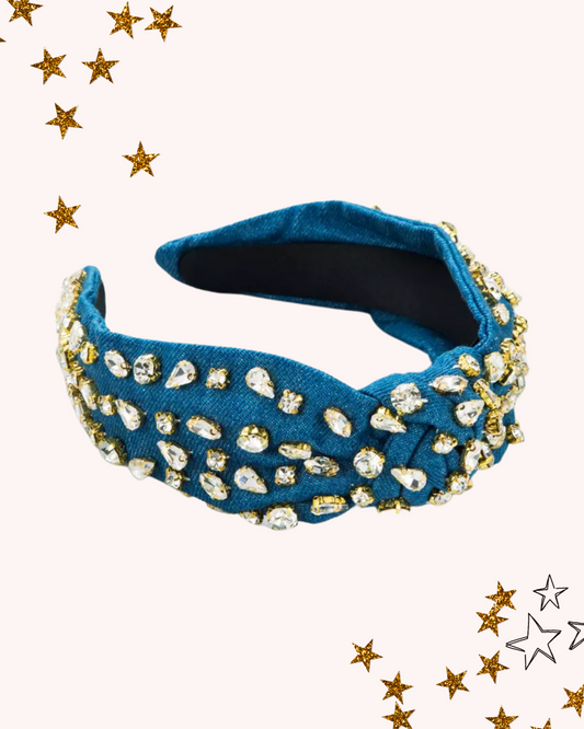 Denim Top Knot Rhinestone Headband